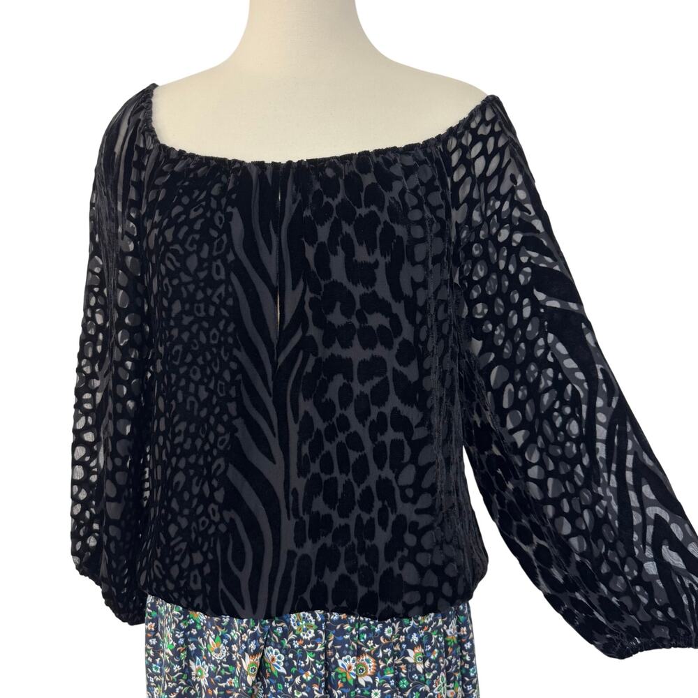 Alice + Olivia Black Velvet Burnout Animal Print Peasant Top 3/4 Sleeve S